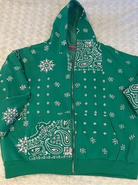 Edikted Green Bandana-Print Zip Hoodie